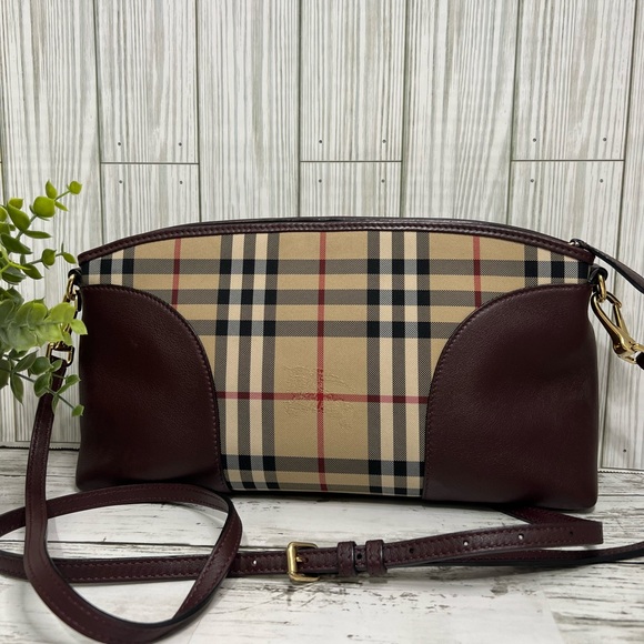 Burberry  Nova Check Crossbody Clutch Bag Plaid Burgundy Leather Trim - Picture 1 of 12